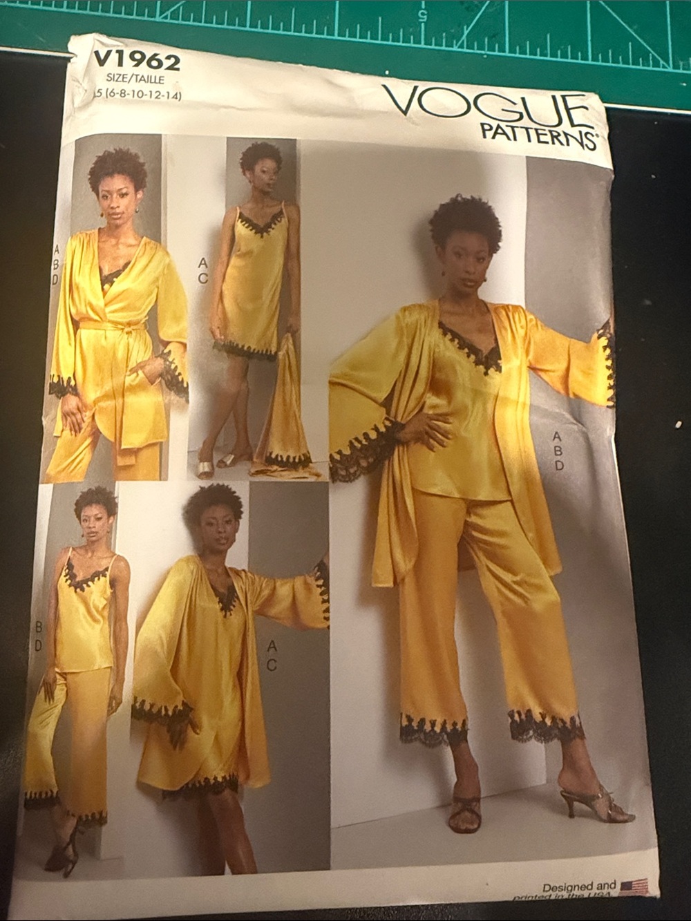 Vogue Pattern V1962 Yellow Satin Pajama & Robe Set with Black Trim